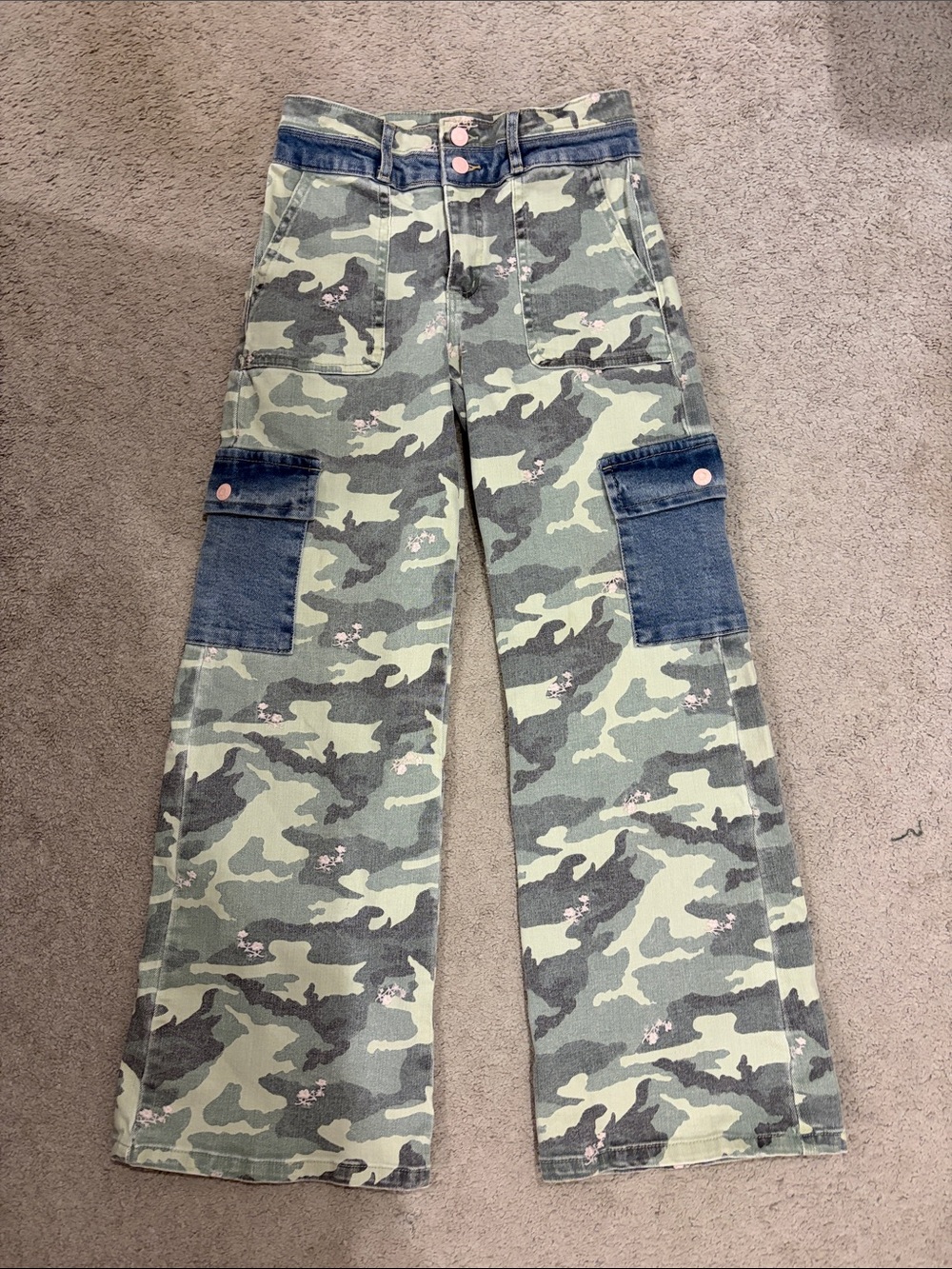 Tractr Green Camo Wide leg Jeans with Contrast Denim Pockets